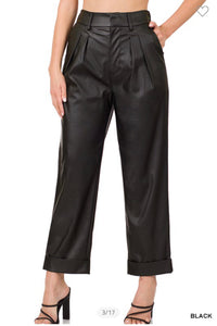 VEGAN LEATHER PLEAT FRONT PANTS